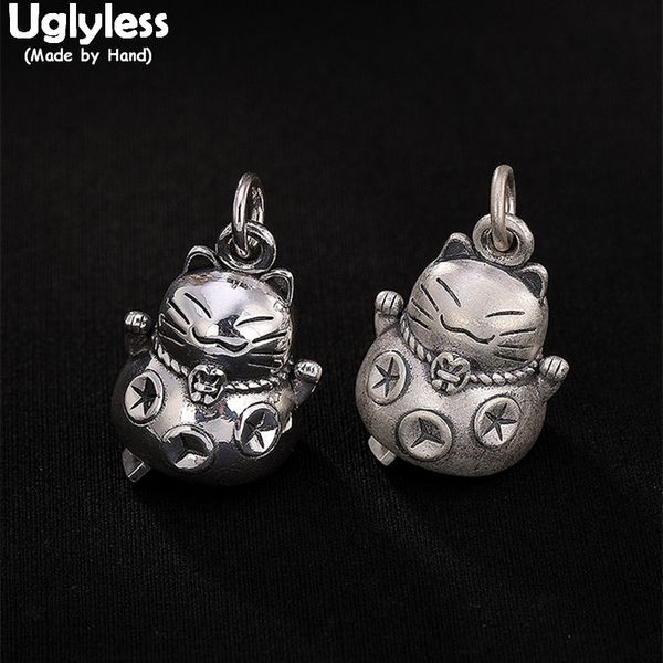 

uglyless 100% real 990 pure silver lucky cat pendant necklaces no chains handmade kitty bell pendants for women fine jewelry