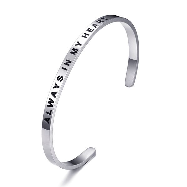 

always in my heart diameter 40mm stainless steel bangle sliver cuff adjustable bangle bracelet jewelry women anniversary gift, Black