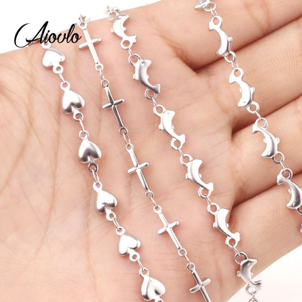 

aiovlo 50cm stainless steel dolphin heart connection chain accessories for diy necklaces bracelets jewelry making wholesale, Silver