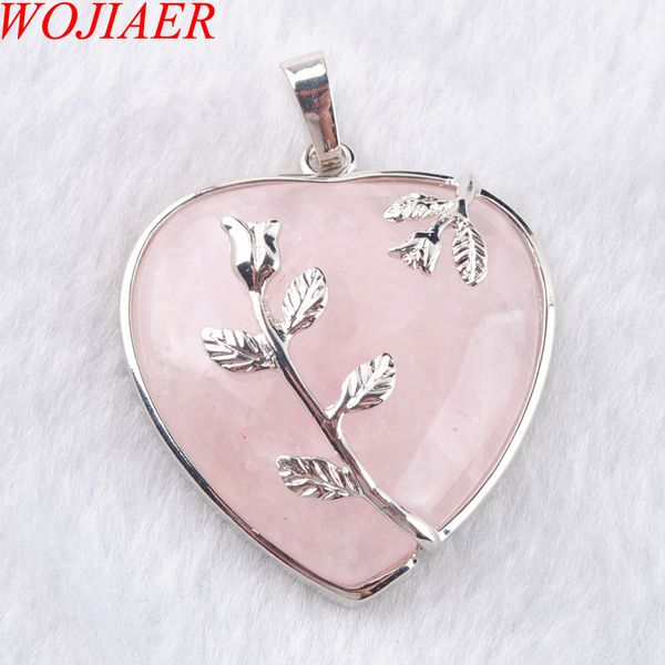 

wojiaer love heart gem stone necklaces pendant natural rose quartz stone charms bohemian style women jewellery n3185, Silver