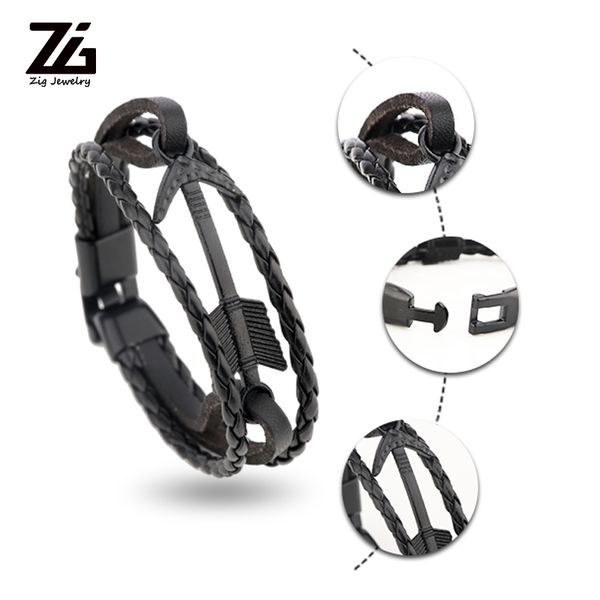 

handmade arrow bracelet trendy black cuff leather punk charm men leather bracelet, Golden;silver