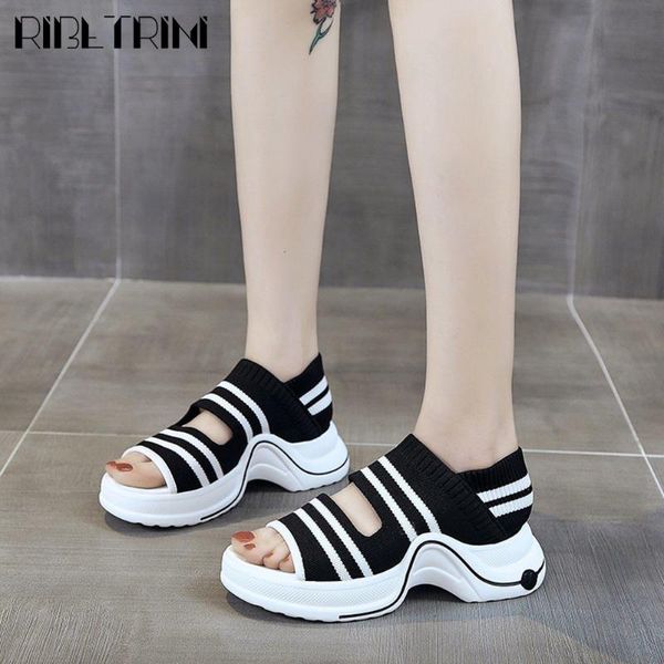 

ribetrini new arrival sweet girl slip-on platform shoes mixed-color women sandals summer stretch fabric sandals, Black