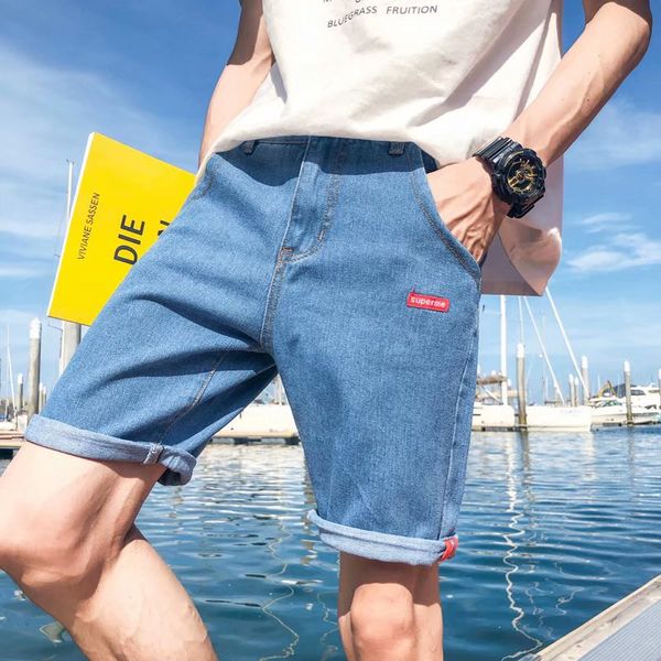 

summer denim shorts male fifth pants trend loose-fit men summer 5 washing breeches large size casual thin, Blue