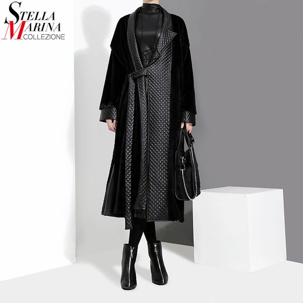 

2017 european winter pu leather & faux fur stitching women long coat belt long sleeve female stylish jacket coat outerwear 3024, Black