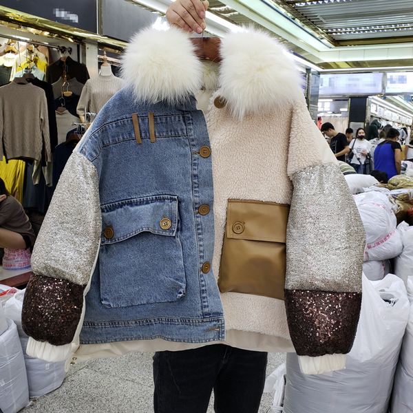 

2019 winter new real wool collar padded woman splicing sequins cowboy lamb wool short down cotton jacket womens thick warm coats, Black
