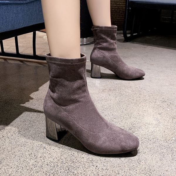 

fashion metal heel women ankle boots 6 cm thick high heel short boots for ladies winter women shoes black khaki 2020
