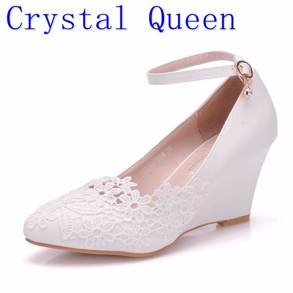 

crystal queen womens wedding shoes bride bridesmaid dress shoes 8cm wedges high hellss white lace shoes flower female pumps, Black