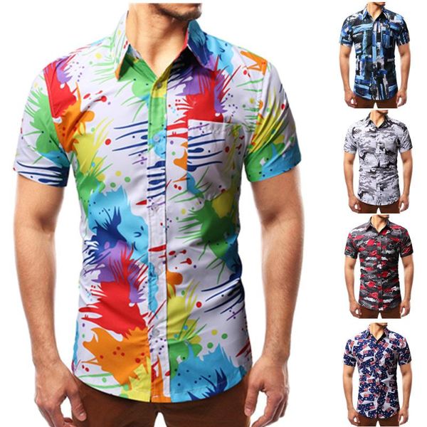 

men's casual shirts mens colorful splatter paint pattern print shirt slim fit short sleeve chemise homme fashion splash ink men, White;black