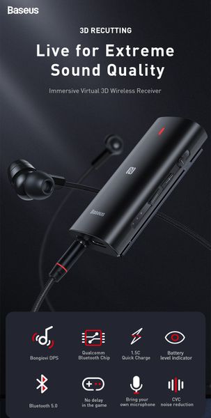 

baseus & bongiovi dps 3d stereo bluetooth 5.0 adapter live sound effect apt-x nfc gaming adapter with cvc noise reduction mic