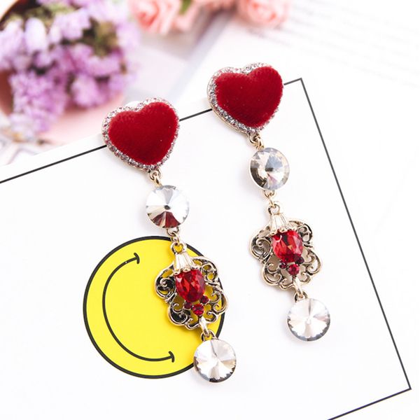 

new korean velvet love heart earring long crystal rhinestone pendant drop dangle earrings for women jewelry brincos 5b3022, Silver