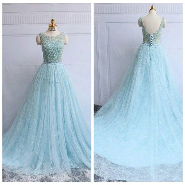 

elegant scoop a-line tulle baby blue prom dresses with sweep train pearls crystals beading party dress corset evening cocktail dress, Black