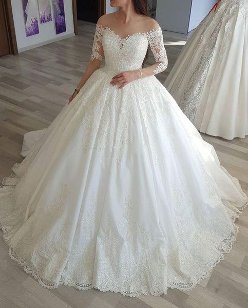 

said mhamad long sleeves ball gown lace wedding dresses 2020 with appliques sweep train jewel neck arabic dubai tulle wedding bridal gowns, White