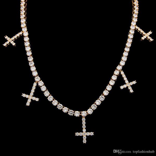 

european and american hip-hop zircon one row necklace cross pendant personality male necklace, Black