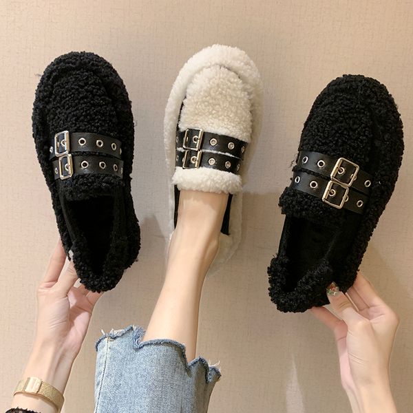 

2019 fashion women's moccasin shoes autumn casual female sneakers buckle strap slip-on all-match round toe loafers fur modis, Black