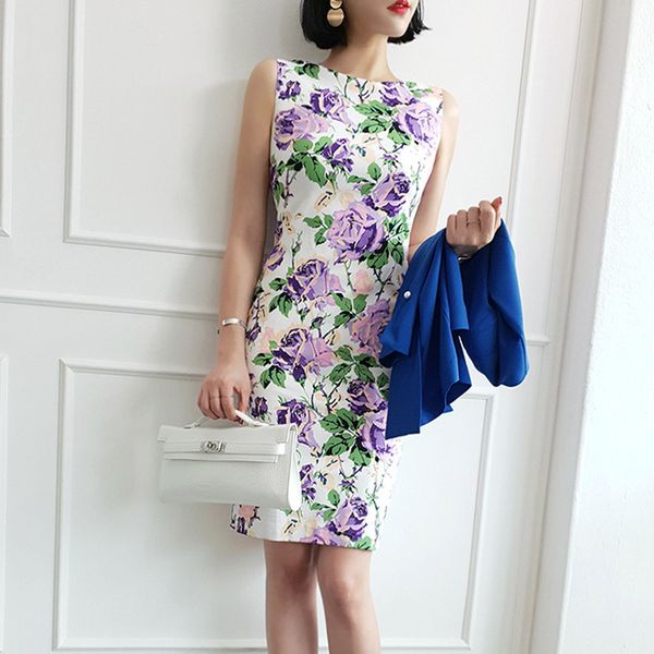 

2019 summer wear new style debutante elegant simple slim fit elegant printed sheath base dress, Black;gray