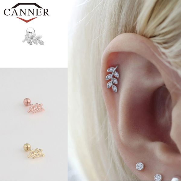 

1pc leaf/flower/moon 925 sterling silver cartilage ear stud crystal zircon earrings for women small studs piercing jewelry, Golden;silver