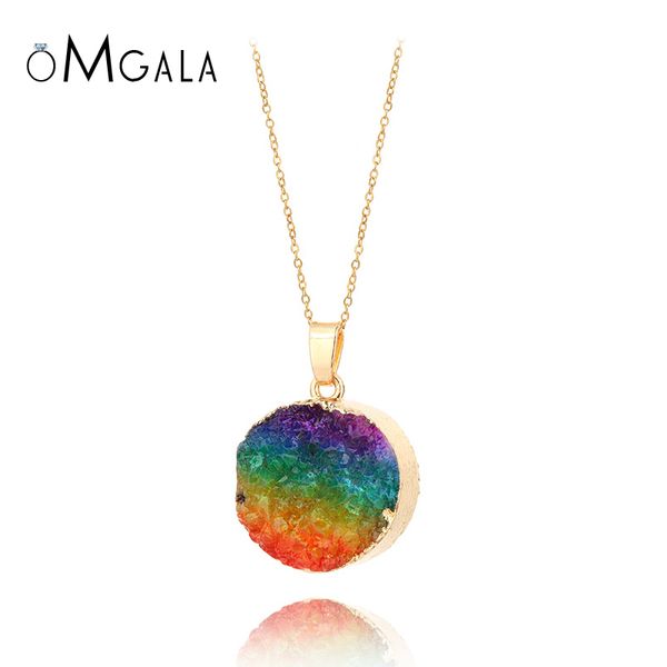 

omgala natural stone quartz necklace circle rose purple blue pendant necklace vintage women men necklaces jewelry long chain, Silver