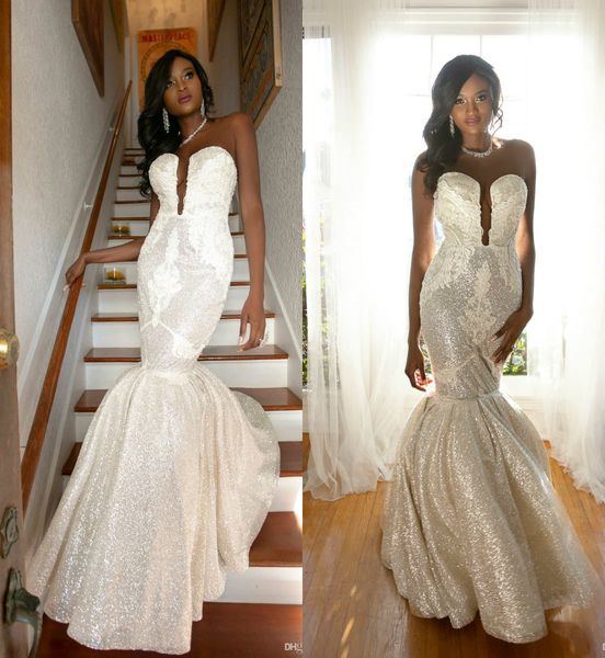 

2019 sparkly mermaid wedding dresses sweetheart sequined glitters appliqued country bridal gowns robe de mariÃ©e beach wedding dress africa, White