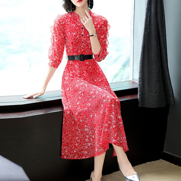 

2019 spring summer new women's floral half open v-neck seven-point sleeve temperament waist was thin a word chiffon dress m30, Black;gray