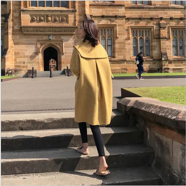 

autumn winter women's woolen coat thick lapel coats female medium long jackets outerwear warm female yellow casaco e199, Black