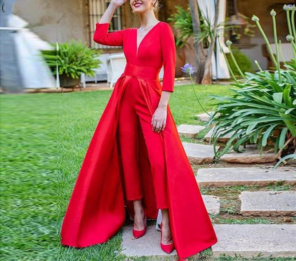 

red satin women jumpsuit prom evening dresses with long sleeves v open back pantsuit party dress girls formal gowns vestido de festia, Black;red