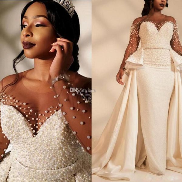 

2019 african mermaid wedding dresses with detachable train jewel neck long sleeve robe de mariage garden church chic bridal gowns, White