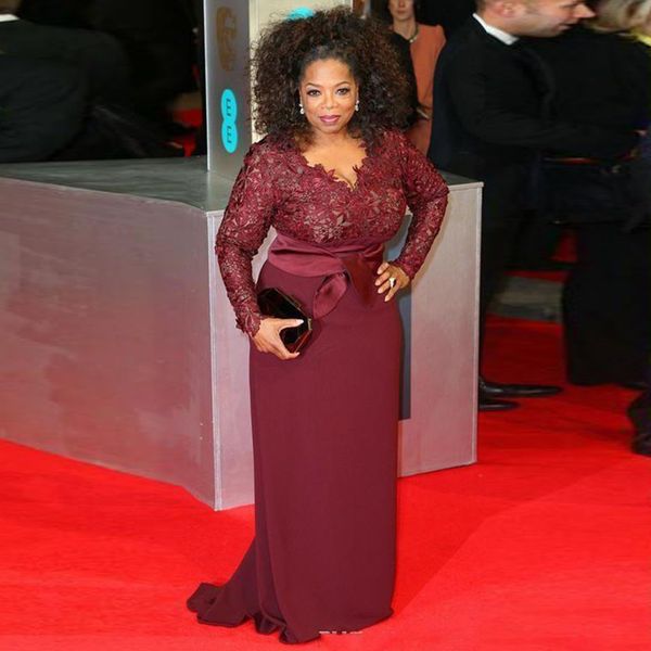 

oprah winfrey burgundy long sleeves lace mother of the bride gowns evening party dresses custom plus size celebrity red carpet gowns, Black;red