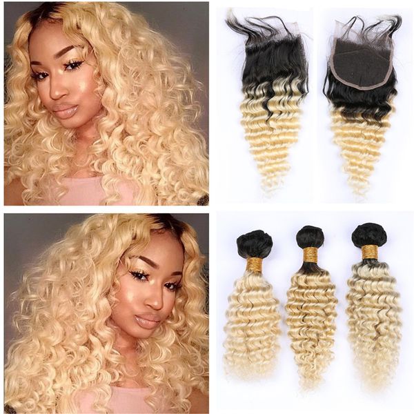 Dark Root 1b 613 Blonde Ombre Virgin Hair Weaves With Lace Front