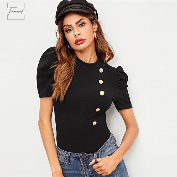 

women shirts black puff sleeve buttoned textured tee ladies plain elegant 2019 summer streetwear short sleeve, White