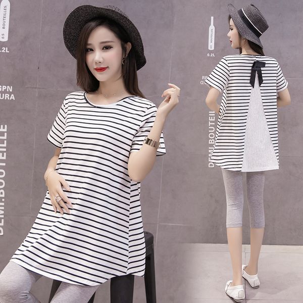 

960# summer fashion bow striped cotton patchwork lace maternity t shirt casual loose shirt for pregnant women prgnancy tees, White