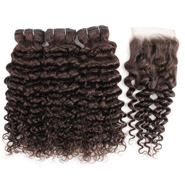 

kisshair #2 darkest brown water wave hair bundles with closure virgin indian human hair wefts with 4*4 lace closure, Black;brown