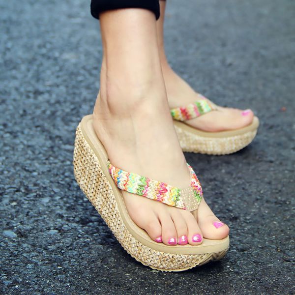 

beach holiday high heels beach shoes women's flip flops and slippers women's summer thick bottom beach antiskid sandals, Black