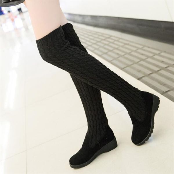 

autumn winter new women's boots knitted wool high-flat-bottomed knee stretch women's boots winter women thigh high, Black