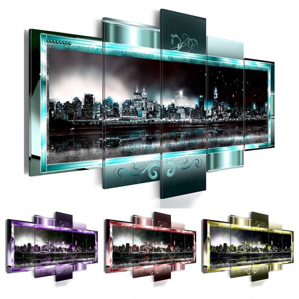 

2019 fashion wall art canvas painting 5 pieces abstract new york city architecture night scene modern home decoration no frame