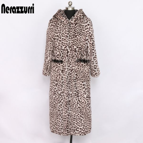 

nerazzurri leopard print long faux fur coat women with hood plus size leopard coat thicken warm fluffy overcoat with pockets 7xl, Black