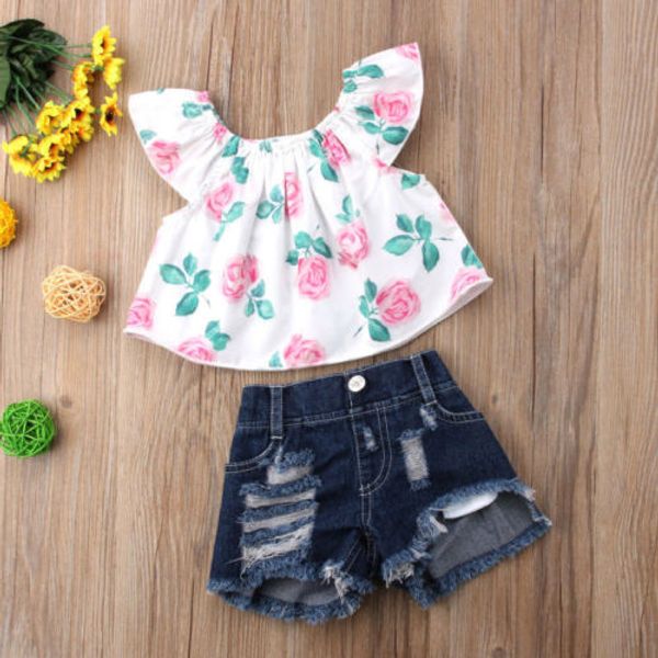 

2pcs toddler kids baby girls clothes flower short sleeve clothes outfit t-shirt + hole denim shorts set clothes, White
