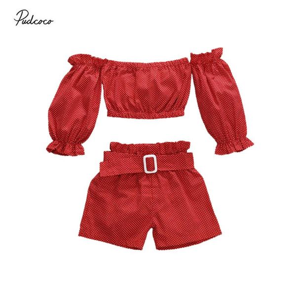 

2020 cute infant baby girl clothes summer kid off shoulder crop + belt shorts outfit sunsuit clothes fashion 2pcs for 1-5y, White