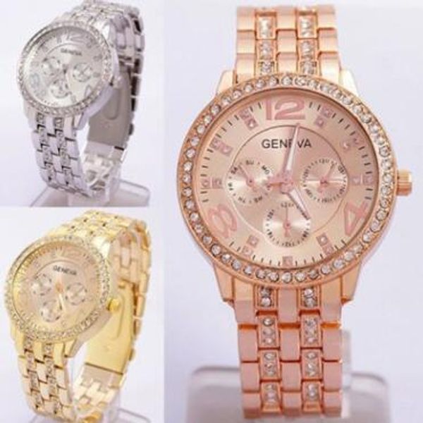 

rhinestone geneva watches round gold stainless steel fashion wristwatch for men women diamond crystal quartz watch, Slivery;brown