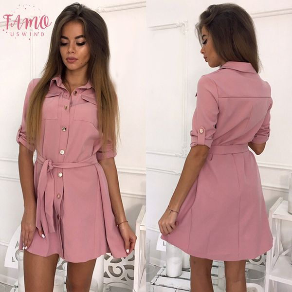 

women casual sashes a line office dress ladies half sleeve turn down collar elegant dress 2019 fashion women mini dress, Black;gray