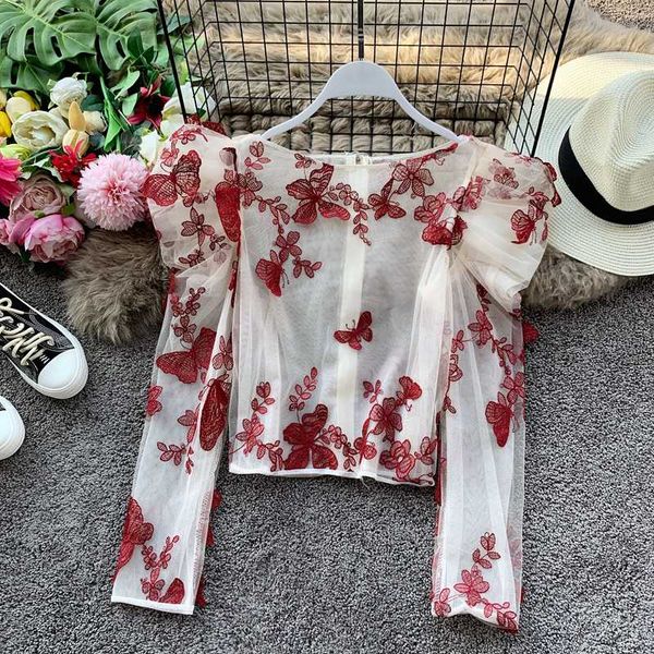 

new style retro stereo butterfly embroidery puff sleeve women's slim fit long-sleeved shirt mesh blouse mujer nancylim, White
