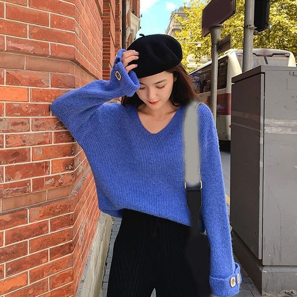 

2019 autumn fashion women knitted sweater pullover casual v-neck button sweaters solid flare sleeve loose jumpers, White;black