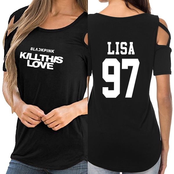 

blackpink kpop loose short t-shirts women one shoulder off t-shirt short sleeve 2019 summer korean style clothings, White