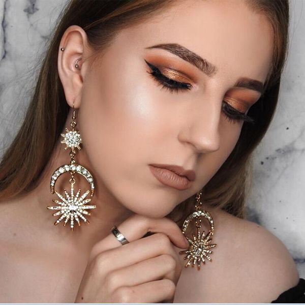 

kmvexo big sun moon stars drop earrings rhinestone punk earrings for women jewelry golden boho vintage statement, Silver