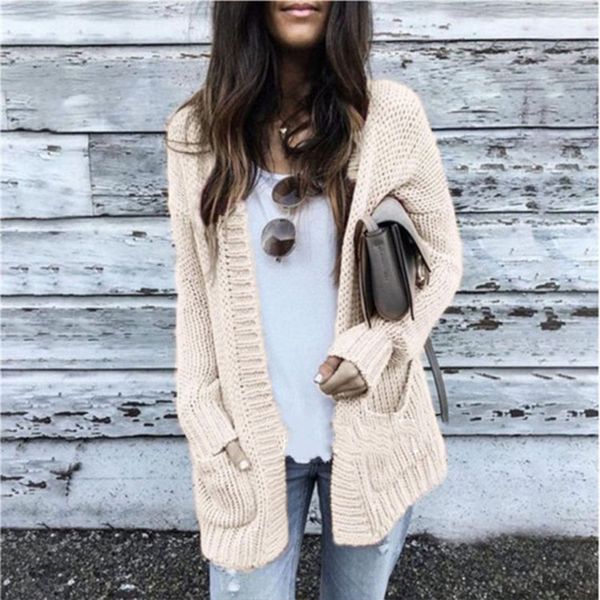 

nice knitted women cardigan coat loose spring autumn sweaters female pocket streetwear pink jumper women jacket cdr911, White