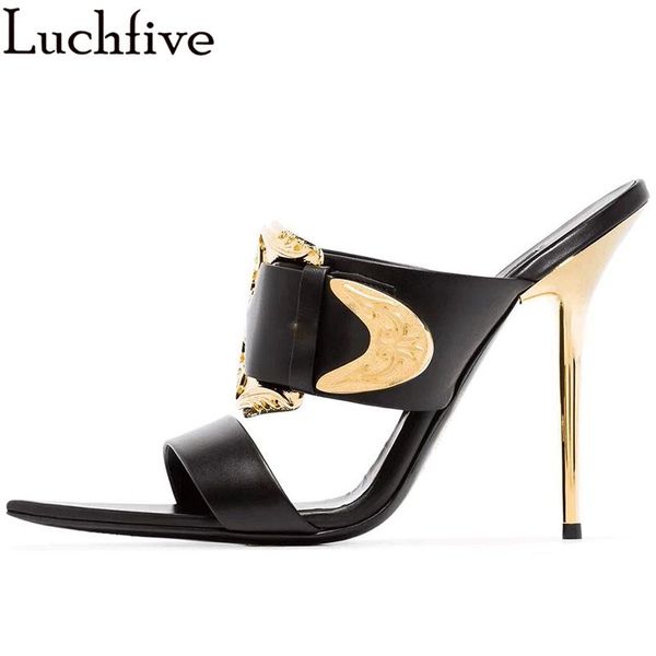 

gold metal buckle thin high heels slippers women black pointed open toe leather mule ladies summer gladiator t stage party shoes