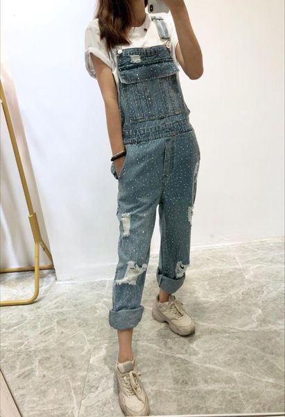 

new women diamonds hole casual overall jeans pants ddxgz2, Blue