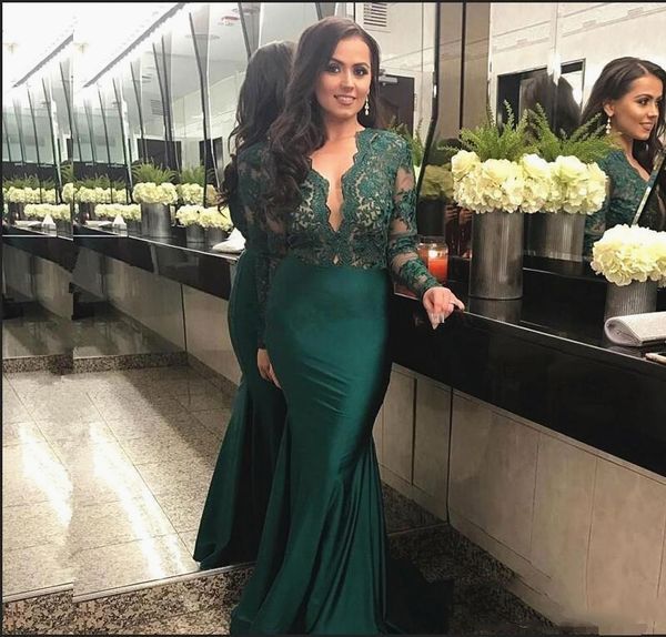

dark green evening dresses long sleeve deep v neck illusion lace hunter green mermaid women prom party gowns custom size, Black;red