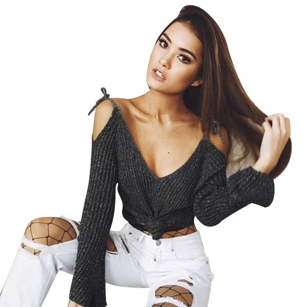 

2019 klv sweaters women ladies strapless knitted v-neck flare sleeve short knitwear blouse dropship, White;black