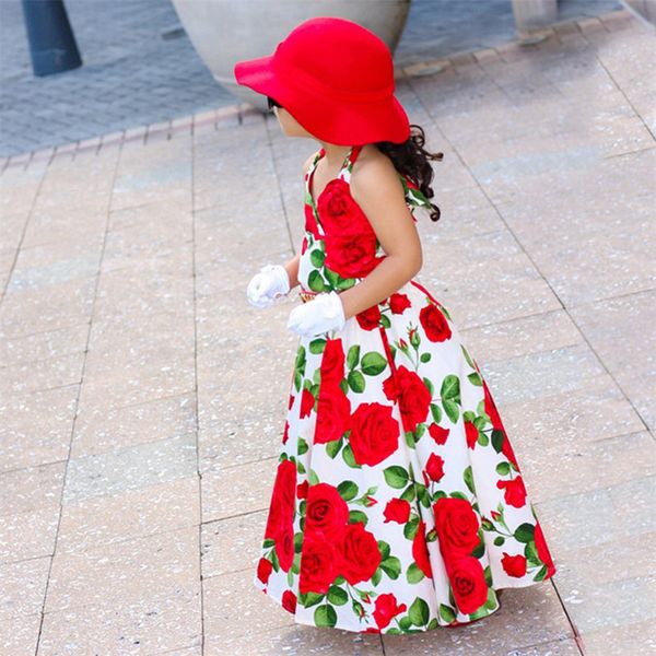 

girl's dresses flower floral blossom dress cute kid red long 2-6 years baby girl rose beach backless strapless summer princess children, Red;yellow