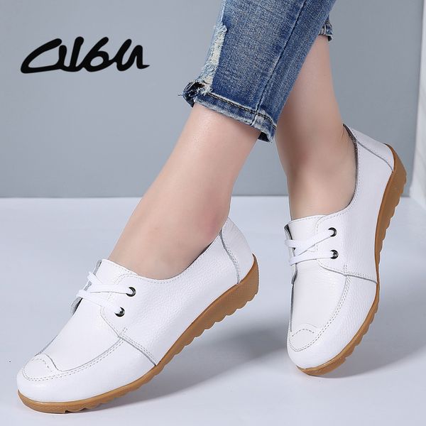 

o16u women casual shoes genuine leather lace up moccains round toe rubber sole boat shoes flats women retro ballet flat, Black